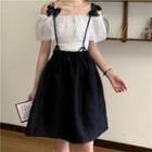 Short-sleeve Off-shoulder Polka Dot Sheer Top / Bow Accent A-line Jumper Dress