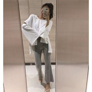 Bell-sleeve Distressed T-shirt / High-waist Plain Boot Cut Pants