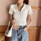 Short-sleeve Collared Tie-back Knit Crop Top