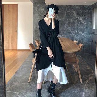 Set: Two-tone Spaghetti Strap Midi Dress + Irregular Hem Drawstring Long-sleeve Dress
