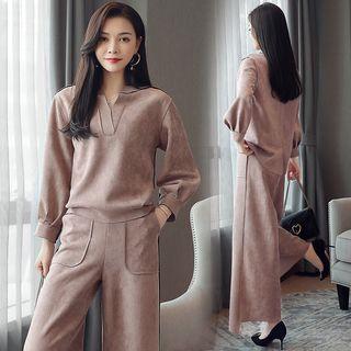 Set: Long-sleeve Plain Top + Wide Leg Pants