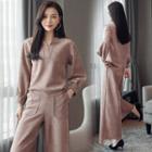 Set: Long-sleeve Plain Top + Wide Leg Pants
