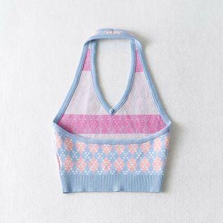 Halter-neck Argyle Knit Crop Tank Top