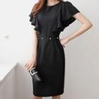 Belted Ruffle-sleeve Sheath Dress