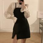 Long-sleeve Ruffle Trim Blouse / Strappy Slit Mini Dress