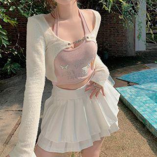 Halter Plain Knit Crop Top / Plain Chain Cardigan / High-waist Plain Pleated Mini Dress