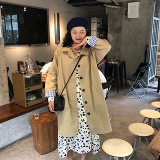 Button Trench Coat / Long-sleeve Floral Midi A-line Dress
