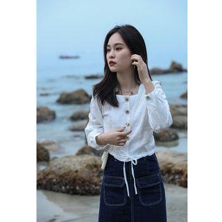 Button Drawstring-cuff Crinkle Blouse