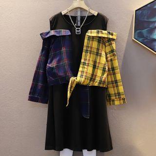 Mock Two-piece Long-sleeve Cold Shoulder Plaid A-line Dress