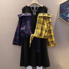 Mock Two-piece Long-sleeve Cold Shoulder Plaid A-line Dress