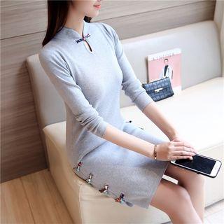 Mandarin Collar Frog-button Long-sleeve Knit Dress