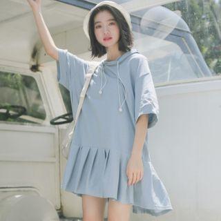 Elbow-sleeve Pleated Mini Hoodie Dress