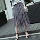 Asymmetric Mesh A-line Midi Skirt