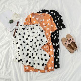 Lapel Collar Double-buttoned Dotted Short-sleeve Mini Dress