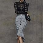 Set: Lace Long-sleeve Top + Checked Ruffle Hem Pencil Skirt