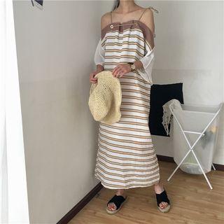 Striped Off-shoulder 3/4-sleeve Midi Shift Dress
