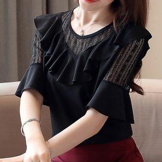Lace Panel Ruffle Elbow-sleeve Chiffon Blouse