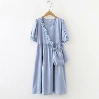 Set: Short-sleeve Floral Lace Trim Midi Dress + Crossbody Bag