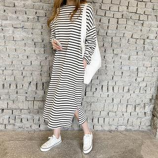 Striped Long T-shirt Dress Black - One Size