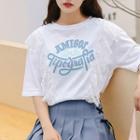 Elbow-sleeve Lace Trim Letter T-shirt Ivory White - One Size