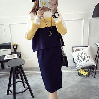 Set: Color Block Sweater + Midi Knit Skirt