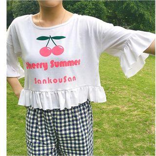 Cherry Print Frill Trim Elbow Sleeve T-shirt