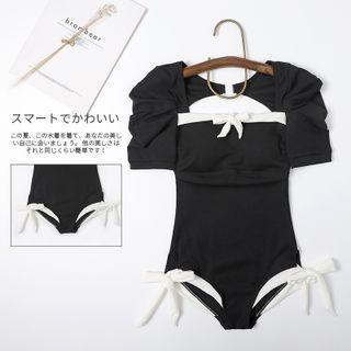 Puff-sleeve Ribbon Contrast Trim Swimsuit