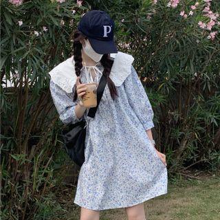 Puff-sleeve Collar Floral Mini A-line Dress Blue & Purple Floral - White - One Size