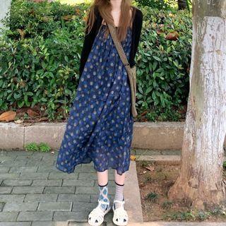 Plain Cardigan / Spaghetti Strap Flower Print Midi Shift Dress
