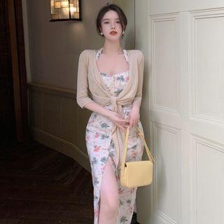 Halter-neck Flower Print Midi Sheath Dress