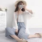 Open Front Light Jacket / Cropped Wide-leg Pants / Chiffon Camisole Top / Crochet Knit Camisole Top