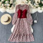 Set: Floral Long-sleeve Midi A-line Dress + Camisole Top