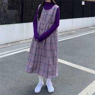 Plaid Midi A-line Pinafore Dress / Plain Long-sleeve T-shirt