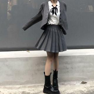 Tie-neck Blouse / Plain Blazer / Pleated Mini Skirt