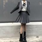 Tie-neck Blouse / Plain Blazer / Pleated Mini Skirt