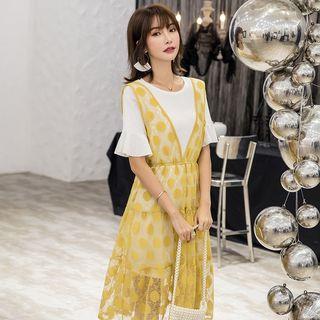 Set: Elbow-sleeve T-shirt Dress + Sheer Suspender Midi Dress