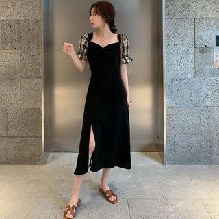Short-sleeve Plaid Panel Midi Dress / Camisole Top