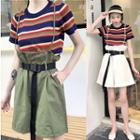 Striped Short-sleeve T-shirt / Paperbag Waist Jumper Shorts