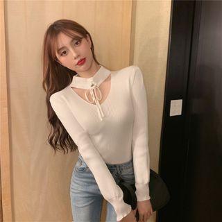 Mock-neck Cutout Ribbed Knit Top