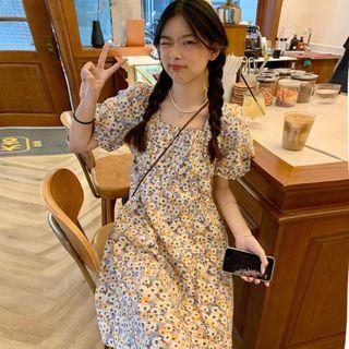 Short-sleeve Floral Print Midi A-line Dress Purple & Yellow - One Size