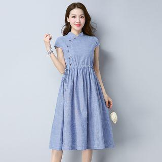 Short-sleeve Stand-collar Linen Cotton Dress