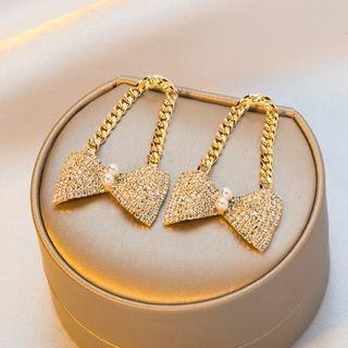 925 Sterling Silver Rhinestone Bow Chain Drop Earrings Gold - One Size