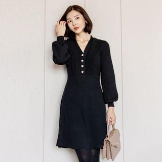 Bishop-sleeve Button-detail Knit Dress Black - One Size