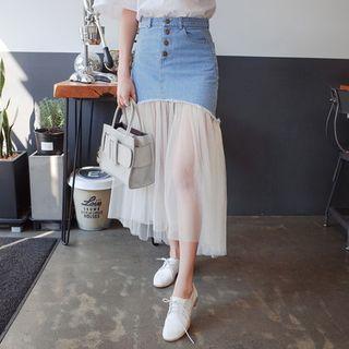 Tulle-hem Denim Long Skirt