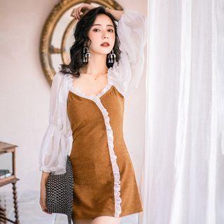 Set: Contrast Trim Lantern-sleeve Swimdress + Swim Shorts