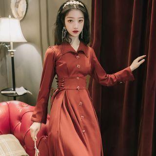 Collared Lace Up Long-sleeve Midi A-line Dress