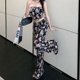 Floral Print Tube Top / Wide-leg Pants