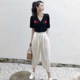 Short-sleeve Embroidered Knit Top / Harem Pants