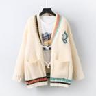 Contrast Trim Embroidered Cardigan