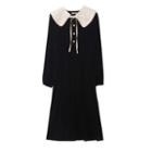 Detachable Collar Velvet Midi A-line Dress Black - One Size